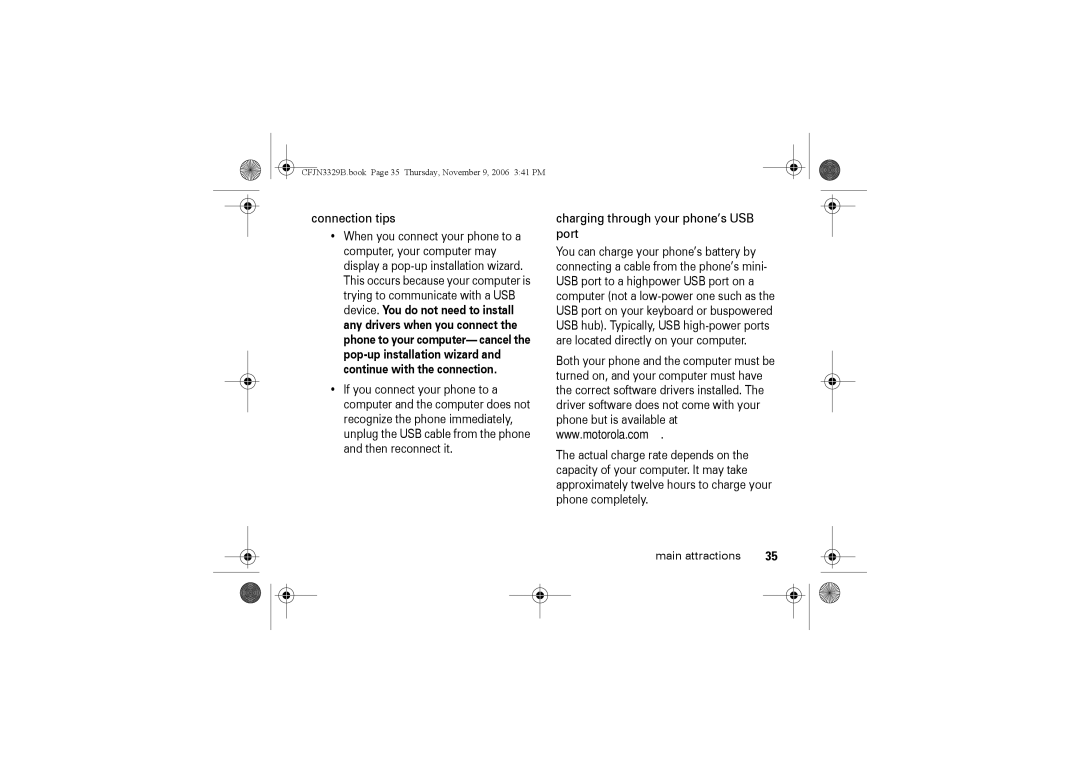 Motorola W375 manual Connection tips, Charging through your phone’s USB port 