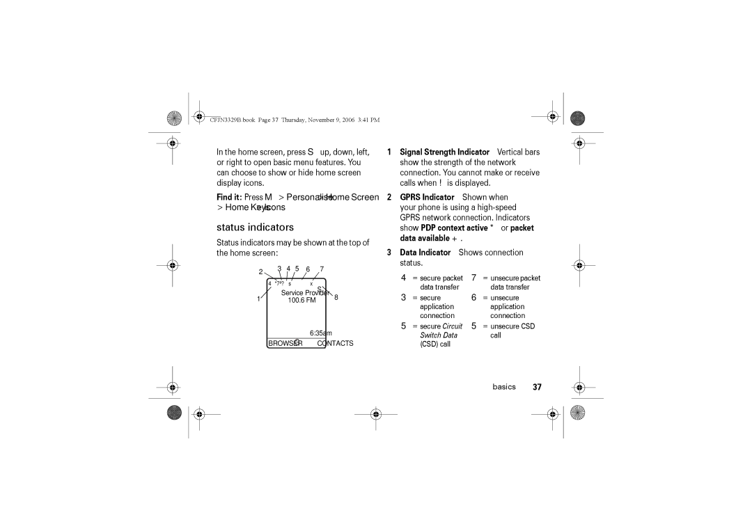 Motorola W375 manual Status indicators, Find it Press M Personalise Home Screen 