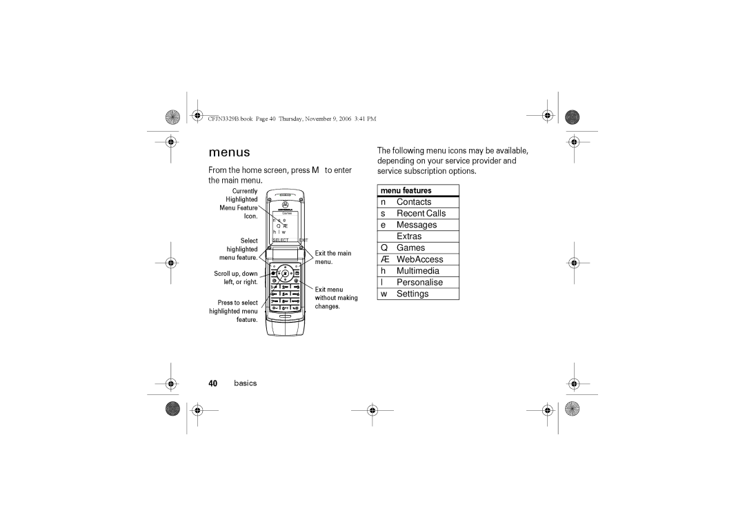 Motorola W375 manual Menus, Menu features 