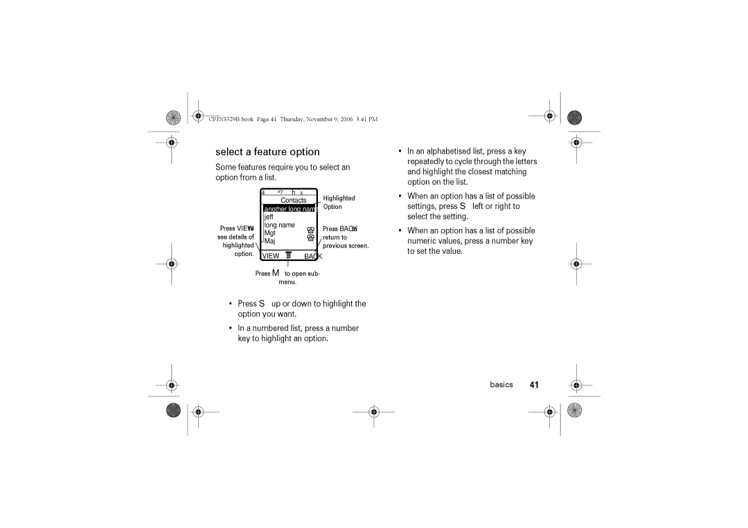 Motorola W375 manual Select a feature option, Some features require you to select an option from a list 