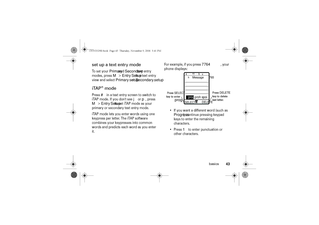 Motorola W375 manual Set up a text entry mode, ITAP mode, Prog 