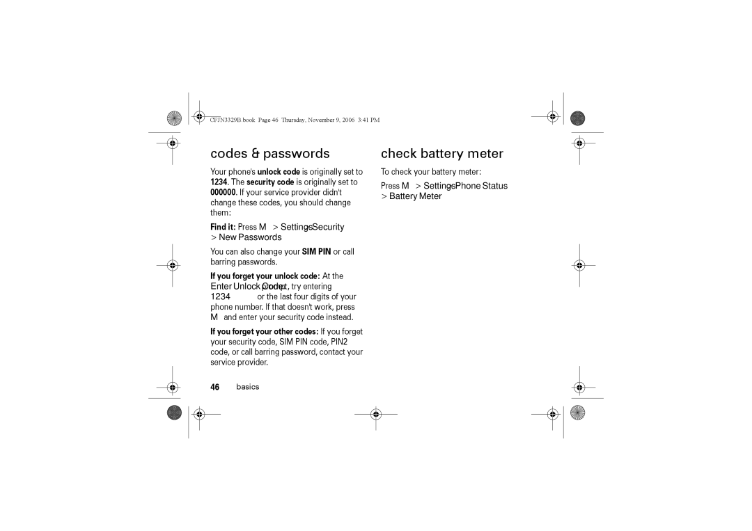 Motorola W375 manual Codes & passwords, Check battery meter, Find it Press M Settings Security New Passwords 