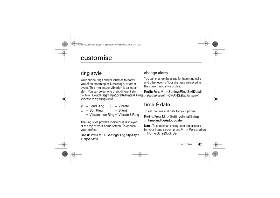 Motorola W375 manual Customise, Ring style, Time & date, Change alerts 
