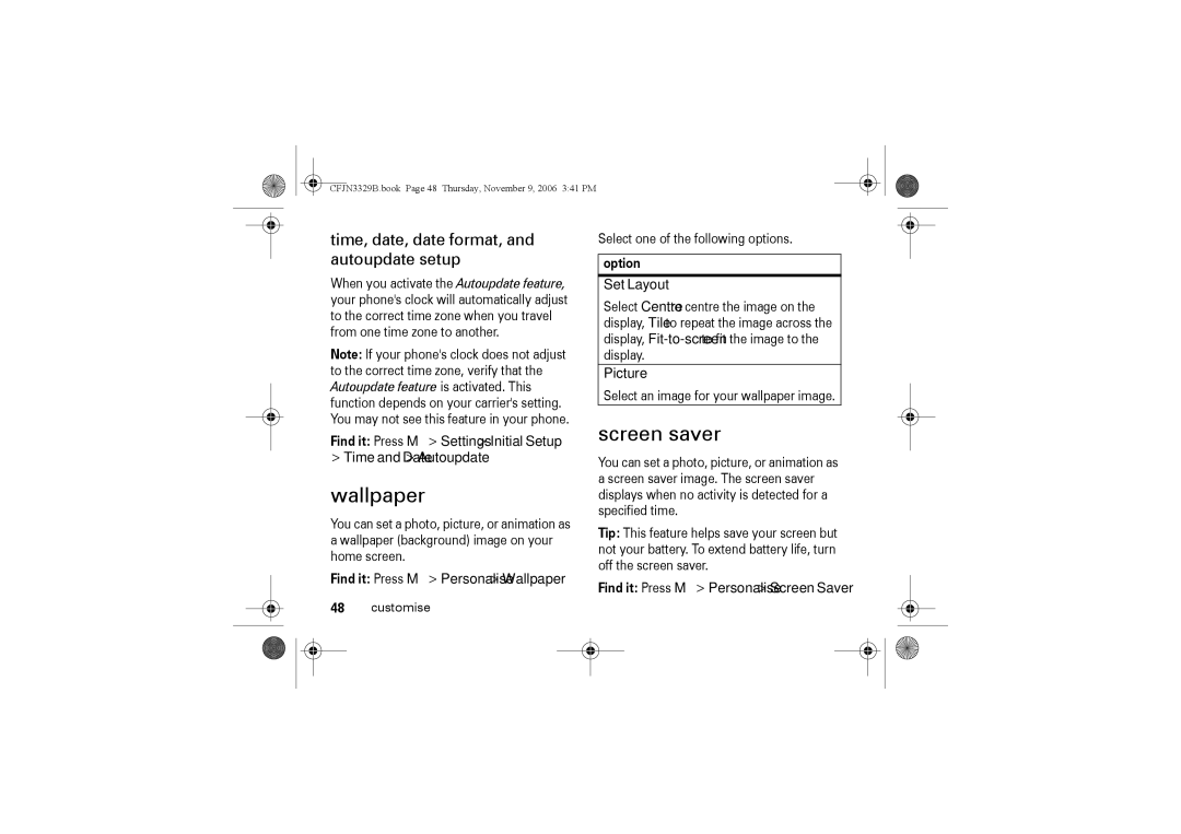 Motorola W375 manual Wallpaper, Screen saver, Time, date, date format, and autoupdate setup 