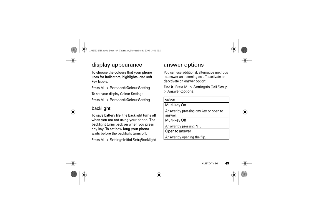 Motorola W375 manual Display appearance, Answer options, Backlight 