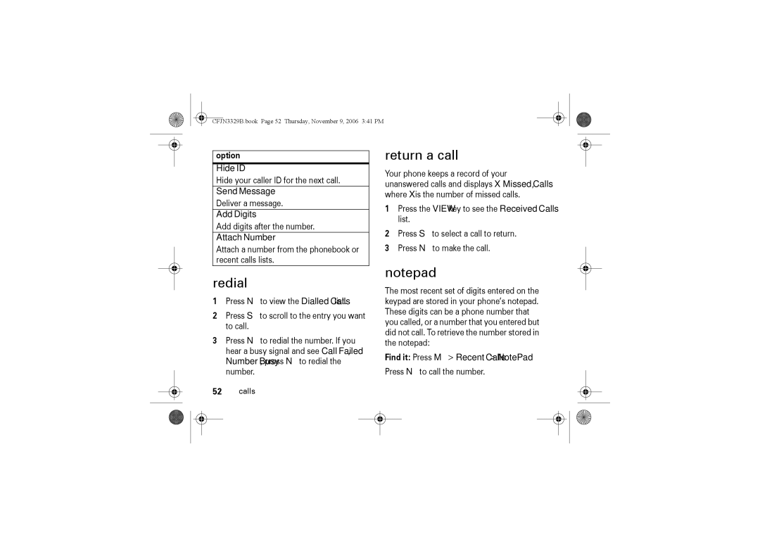 Motorola W375 manual Redial, Return a call 