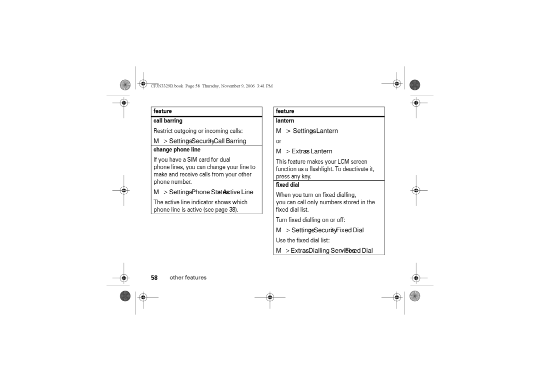 Motorola W375 manual Settings Security Call Barring, Settings Phone Status Active Line, Settings Lantern Extras Lantern 