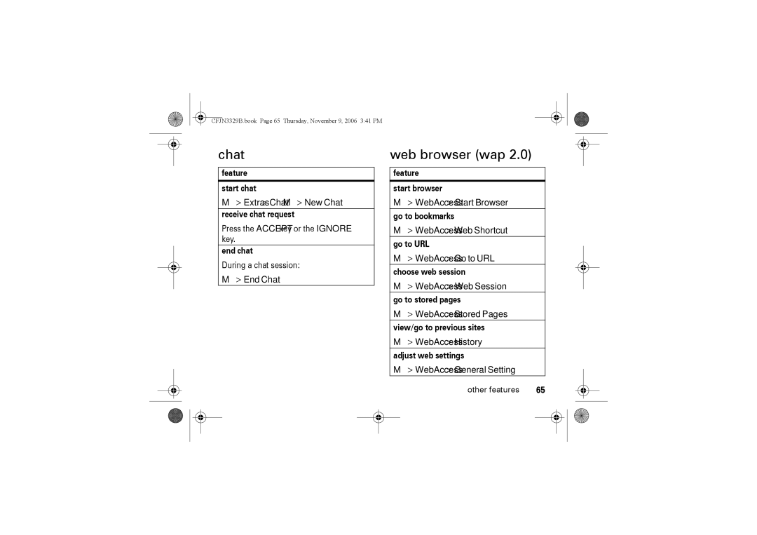 Motorola W375 manual Chat, Web browser wap 