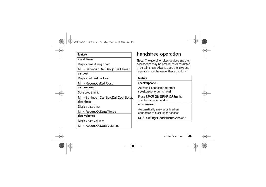 Motorola W375 manual Handsfree operation 