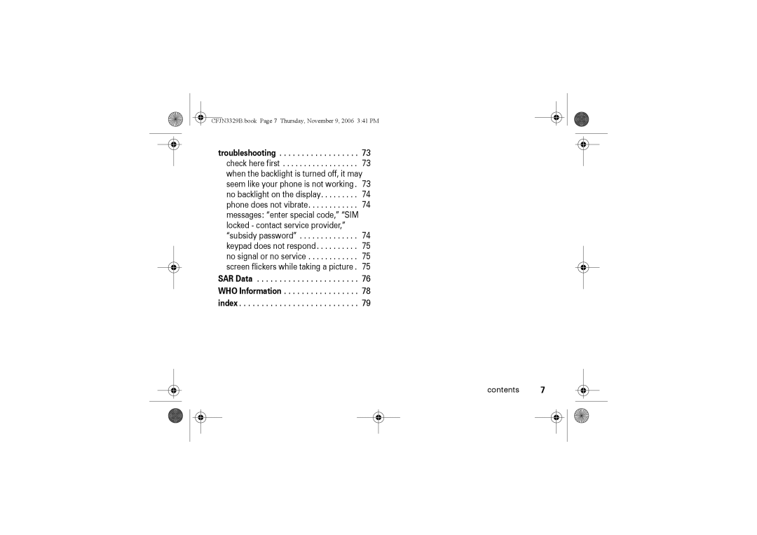 Motorola W375 manual SAR Data WHO Information index Contents 