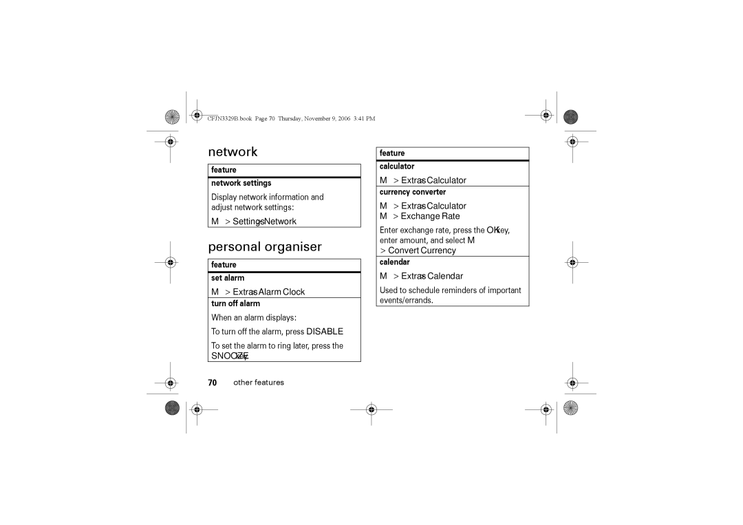 Motorola W375 manual Network, Personal organiser 