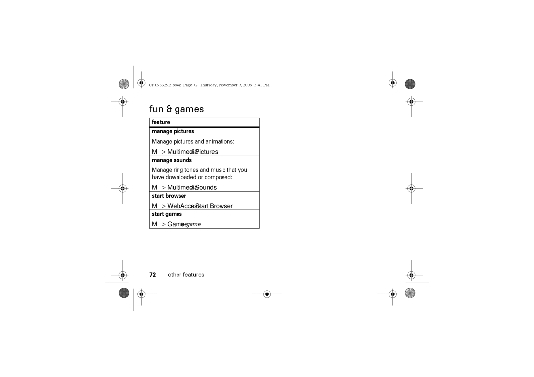 Motorola W375 manual Fun & games, Multimedia Pictures, Multimedia Sounds, Games game 