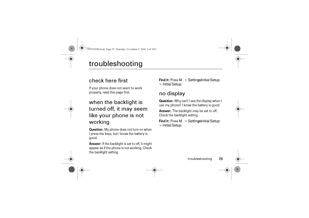 Motorola W375 manual Troubleshooting, Check here first, No display, Find it Press M Settings Initial Setup 