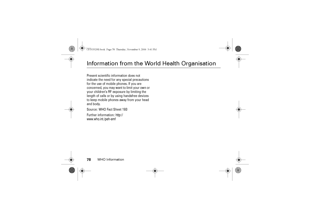 Motorola W375 manual Information from the World Health Organisation, WHO Information 