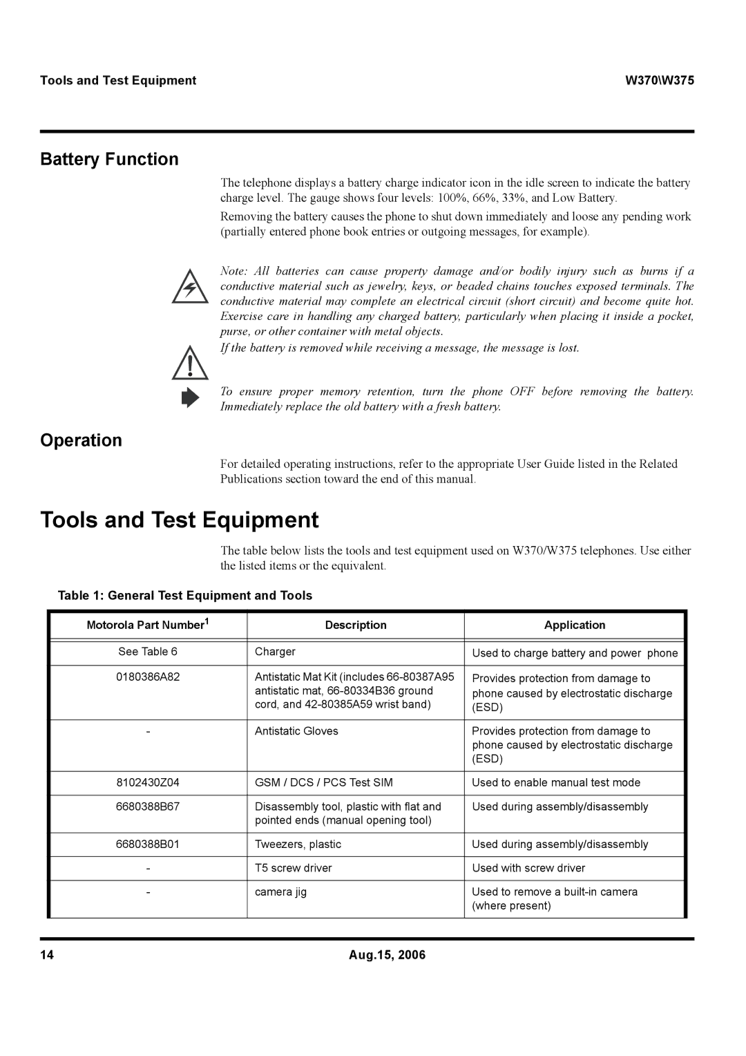 Motorola Battery Function, Operation, Tools and Test Equipment W370\W375, General Test Equipment and Tools 