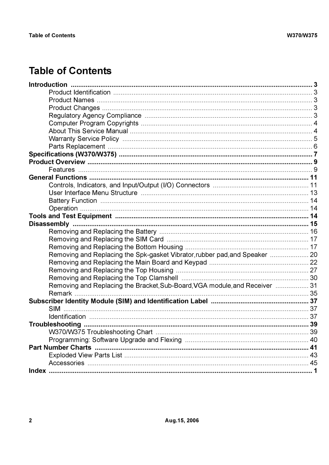 Motorola W375 service manual Table of Contents 