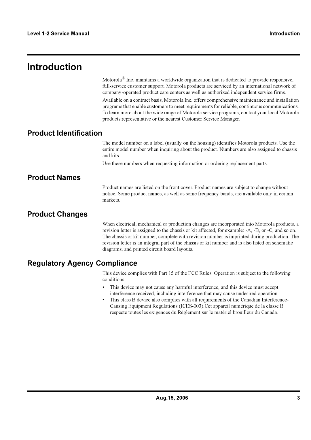 Motorola W375 Introduction, Product Identification, Product Names, Product Changes, Regulatory Agency Compliance 