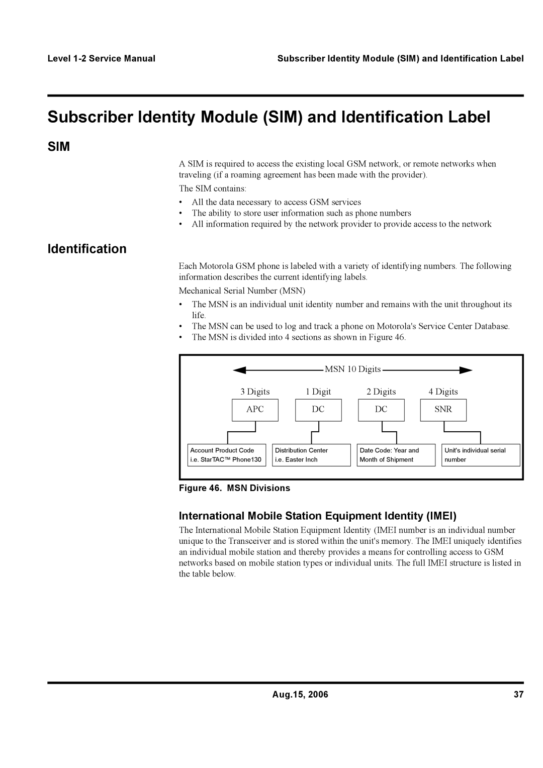 Motorola W375 service manual Subscriber Identity Module SIM and Identification Label 