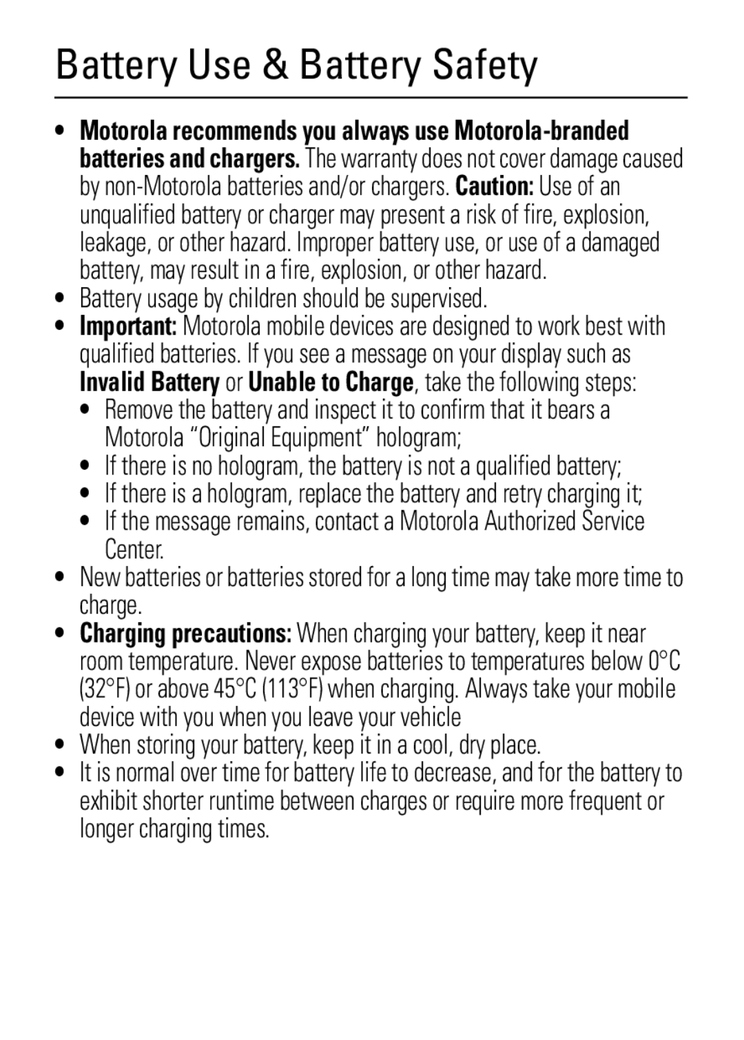 Motorola W372, W377 manual Battery Use & Battery Safety, Battery usage by children should be supervised 