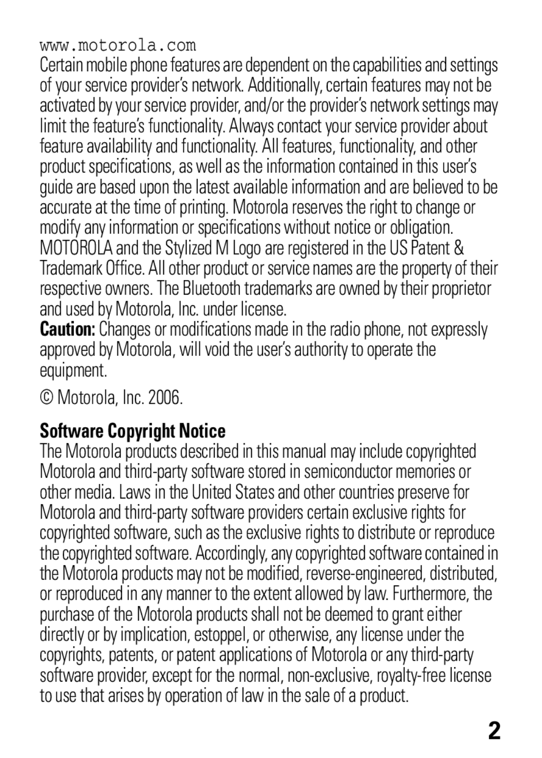 Motorola W372, W377 manual Software Copyright Notice 