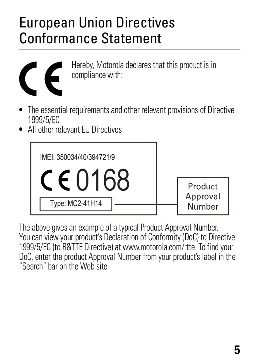 Motorola W377, W372 manual 0168, European Union Directives Conformance Statement 