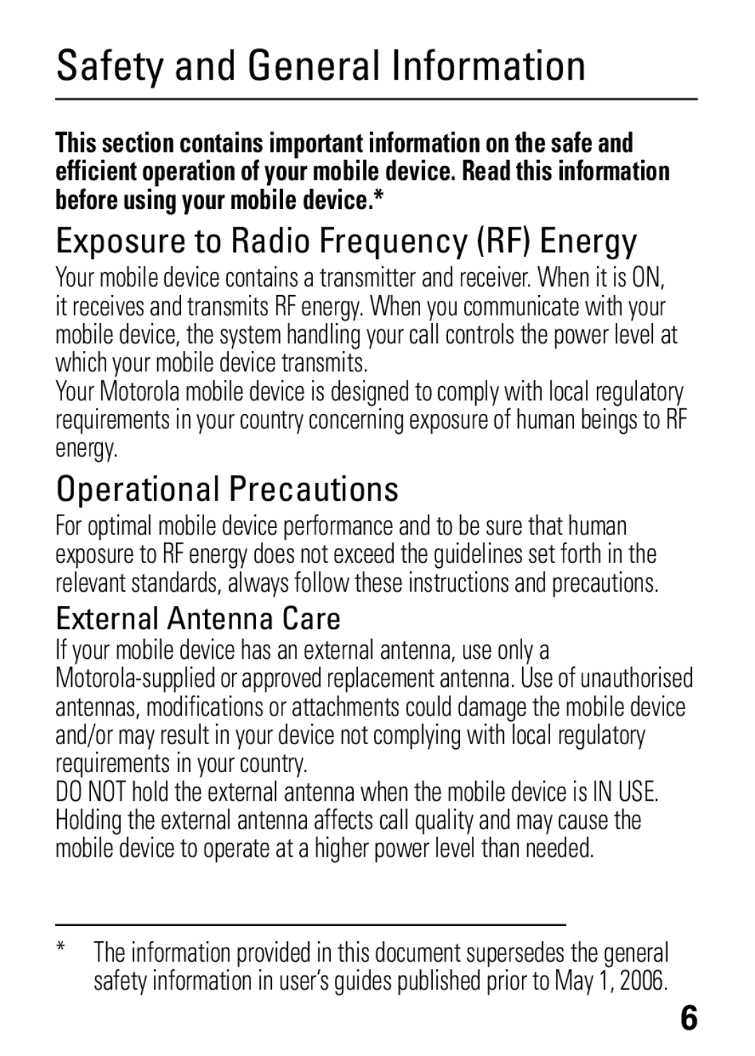 Motorola W372, W377 manual Safety and General Information, External Antenna Care 