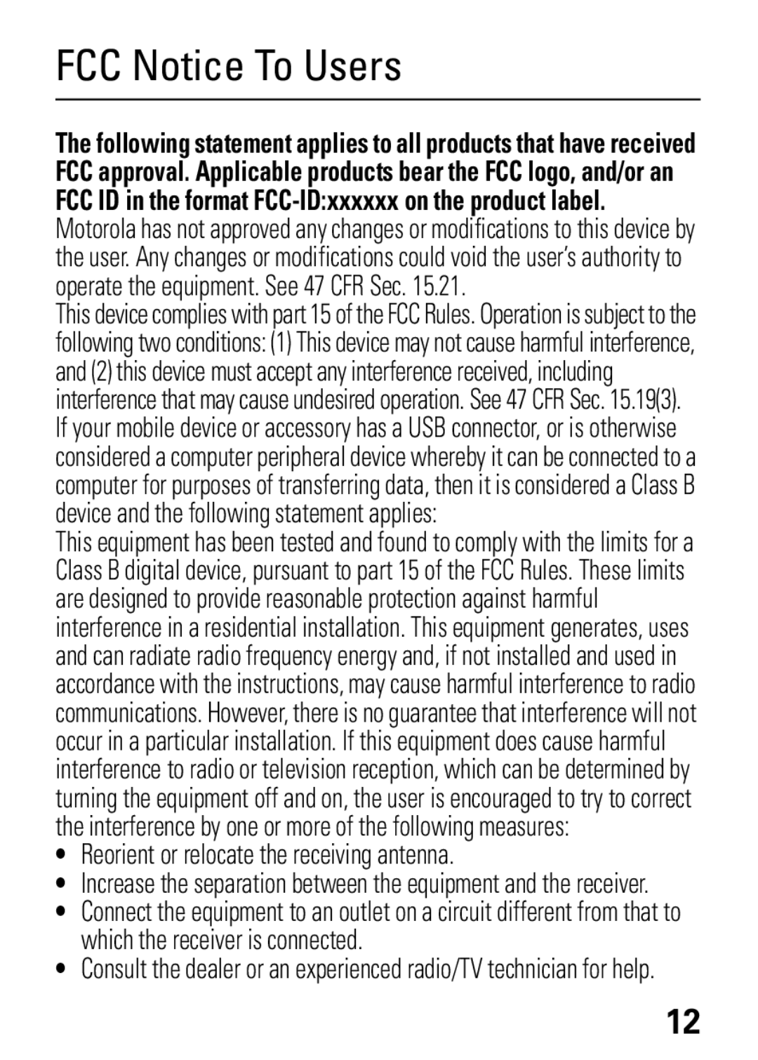 Motorola W372, W377 manual FCC Notice To Users, Reorient or relocate the receiving antenna 