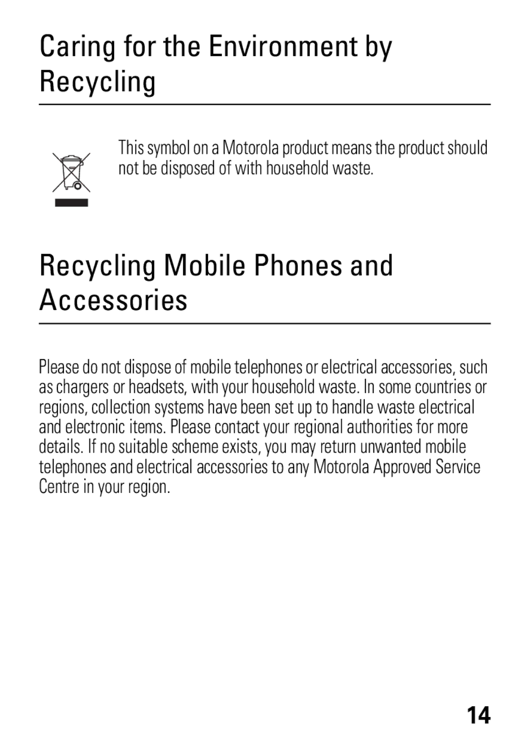 Motorola W372, W377 manual Caring for the Environment by Recycling, Recycling Mobile Phones and Accessories 