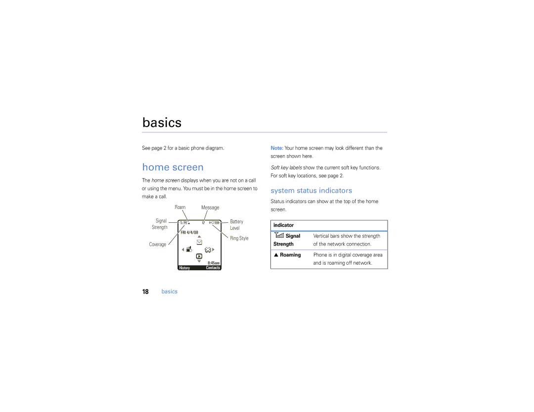 Motorola W385 manual Basics, Home screen, System status indicators, Is roaming off network 