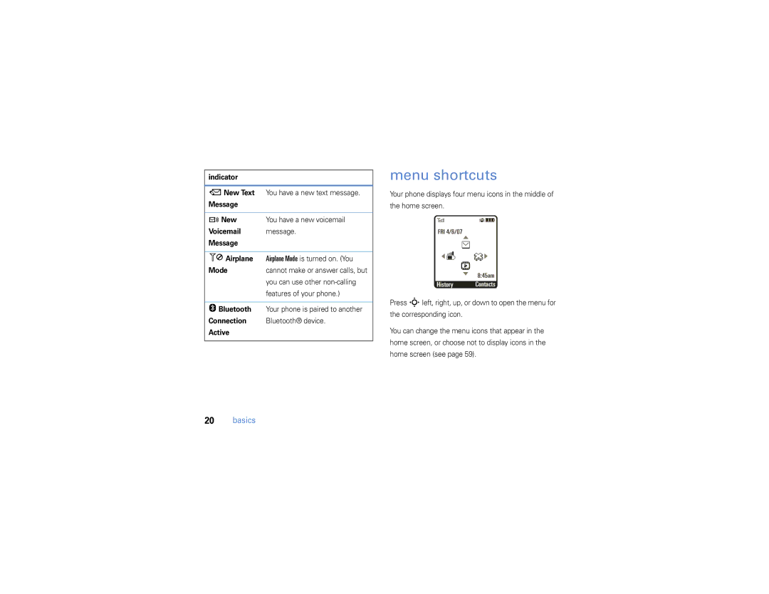 Motorola W385 manual Menu shortcuts 