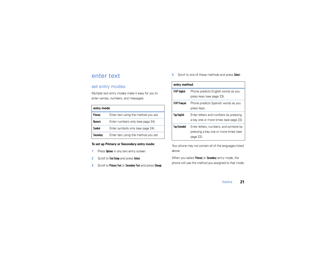 Motorola W385 manual Enter text, Set entry modes, Entry mode, To set up Primary or Secondary entry mode, Entry method 