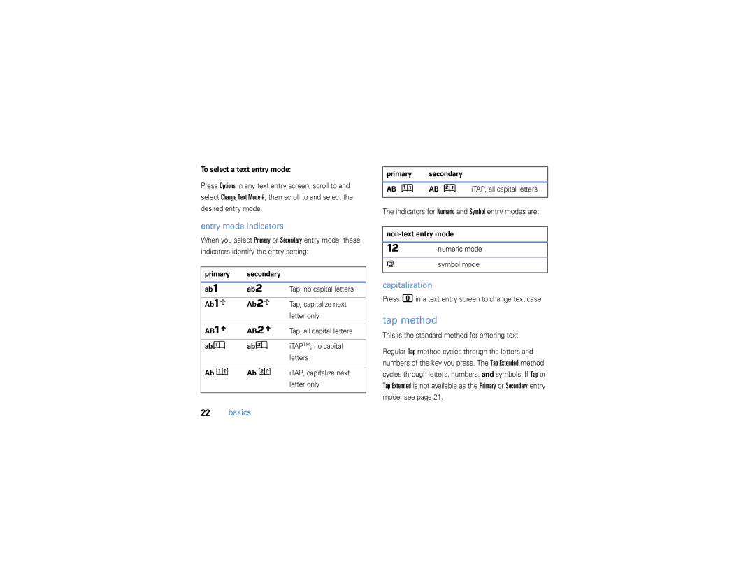 Motorola W385 manual Tap method, Entry mode indicators, Capitalization 