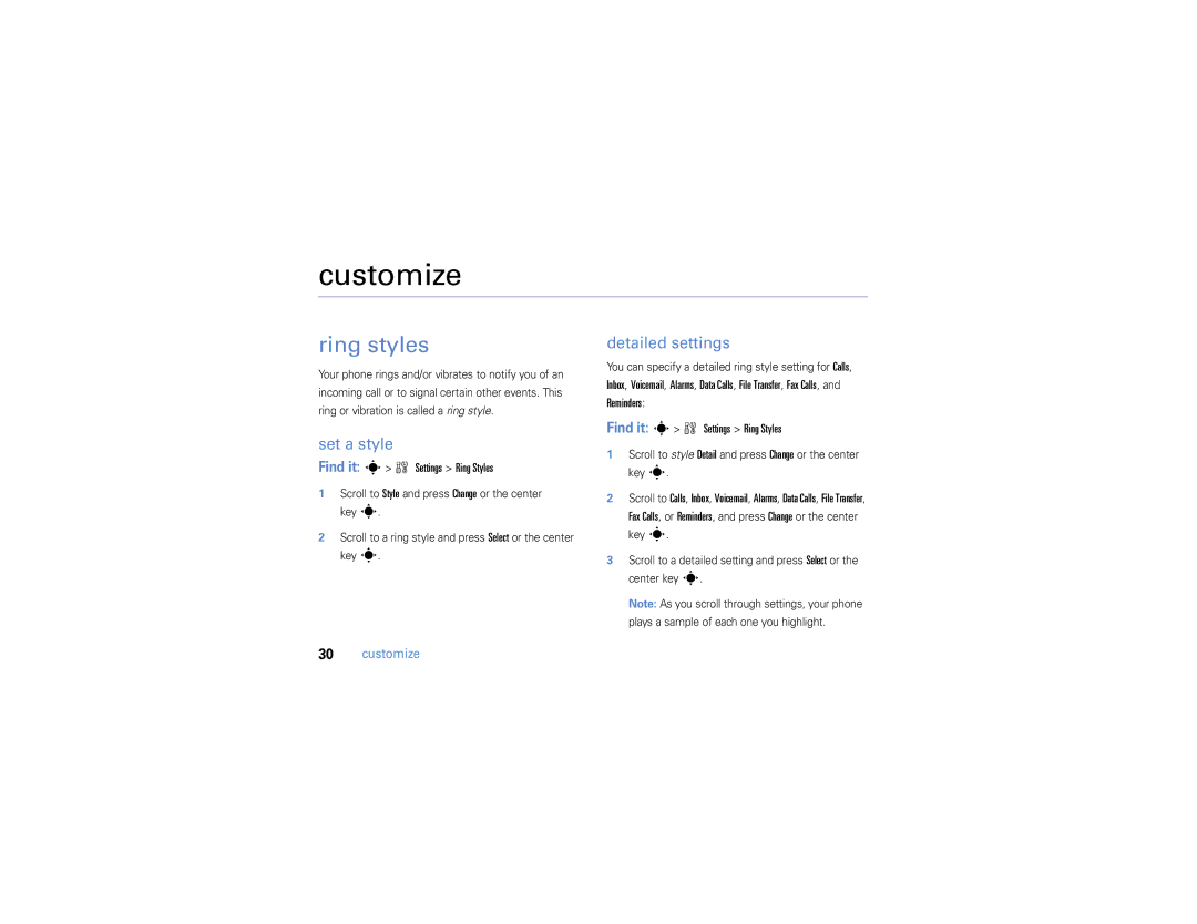 Motorola W385 manual Customize, Ring styles, Set a style, Detailed settings 
