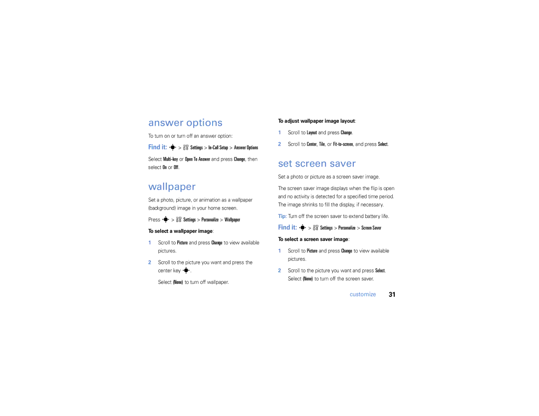 Motorola W385 manual Answer options, Set screen saver, Press s w Settings Personalize Wallpaper 