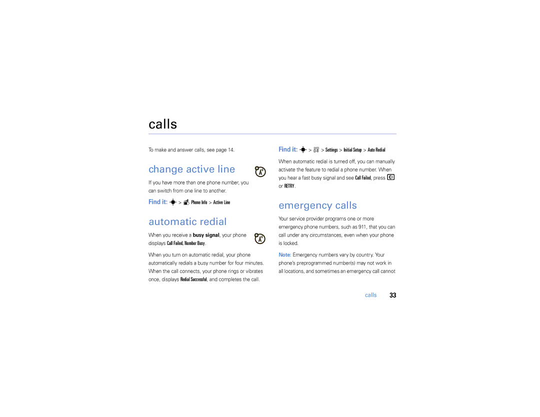 Motorola W385 manual Calls, Change active line, Automatic redial, Emergency calls 