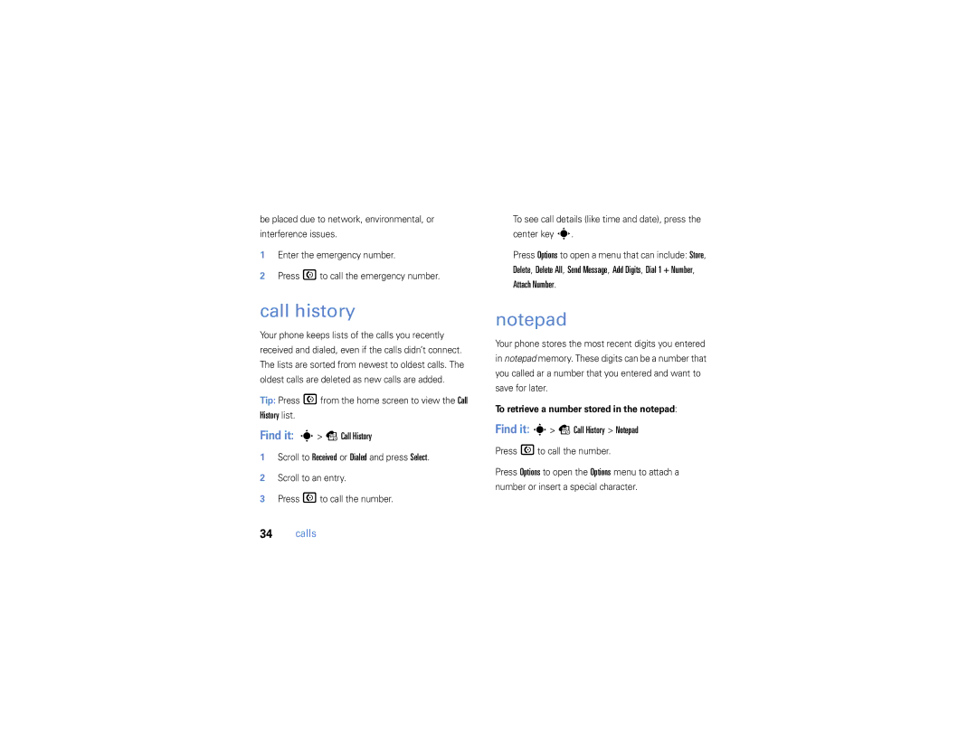 Motorola W385 manual Call history, History list Find it s s Call History, Attach Number, Find it s s Call History Notepad 