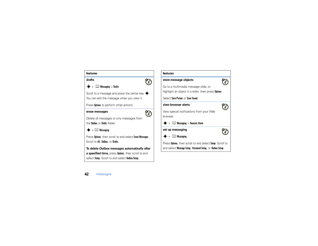 Motorola W385 manual EMessaging Drafts, Select Save Picture or Save Sound, EMessaging Browser Alerts 