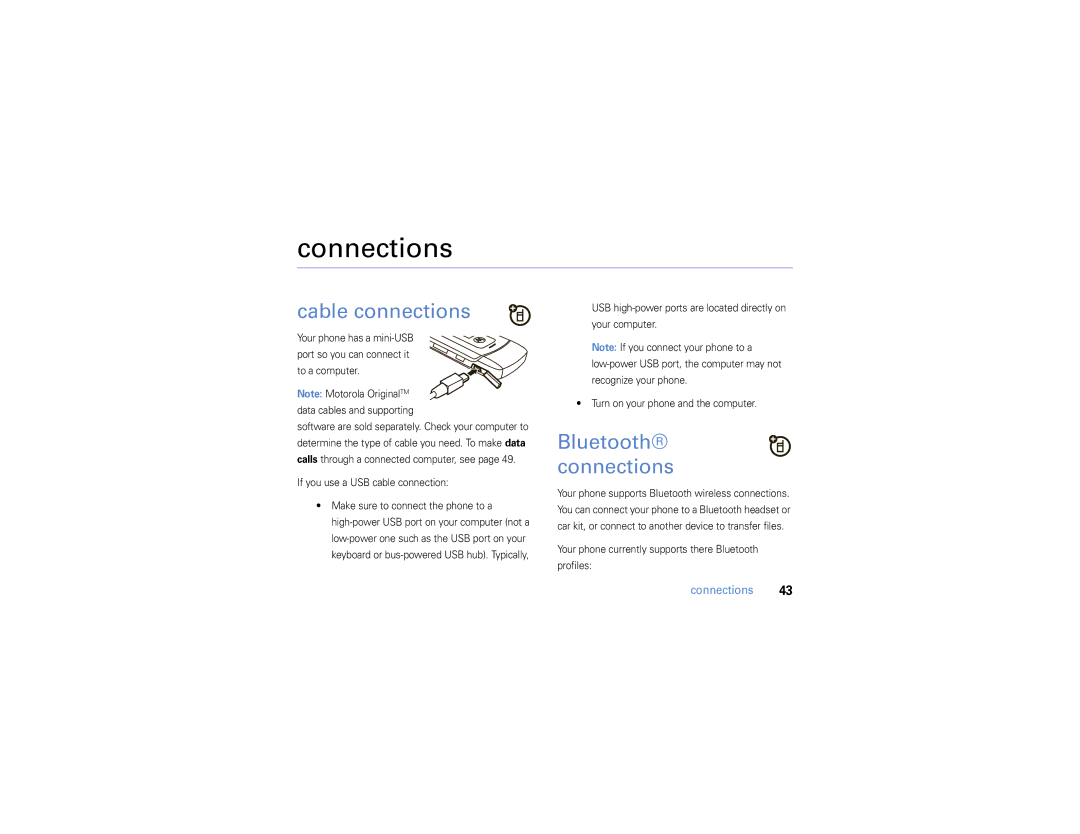 Motorola W385 manual Connections, Cable connections, Bluetooth connections 