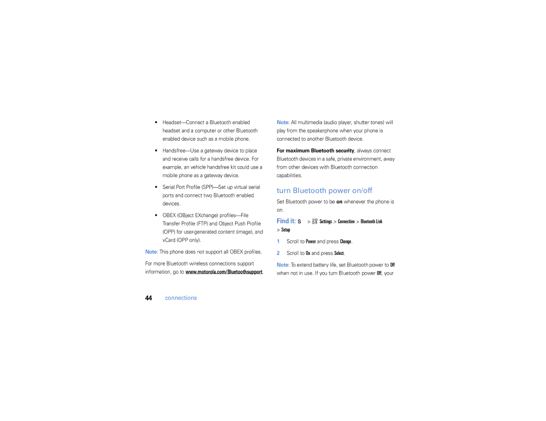 Motorola W385 manual Turn Bluetooth power on/off, Find it s w Settings Connection Bluetooth Link Setup 