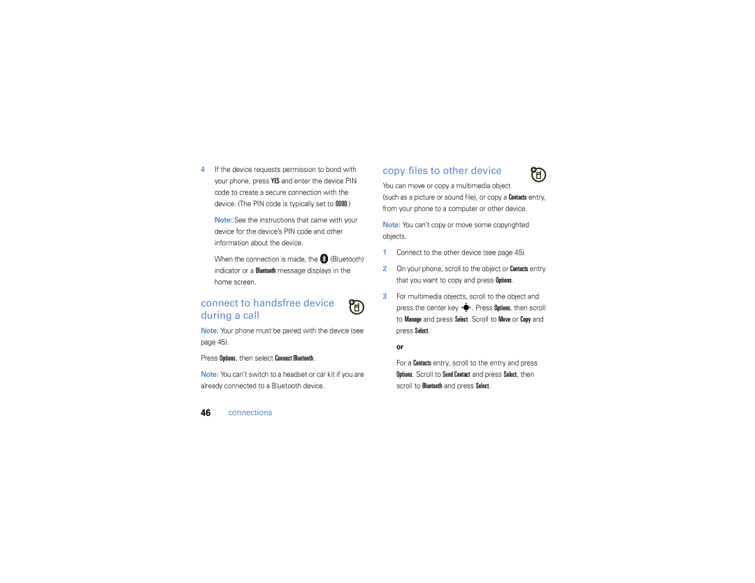 Motorola W385 manual Connect to handsfree device during a call, Copy files to other device 