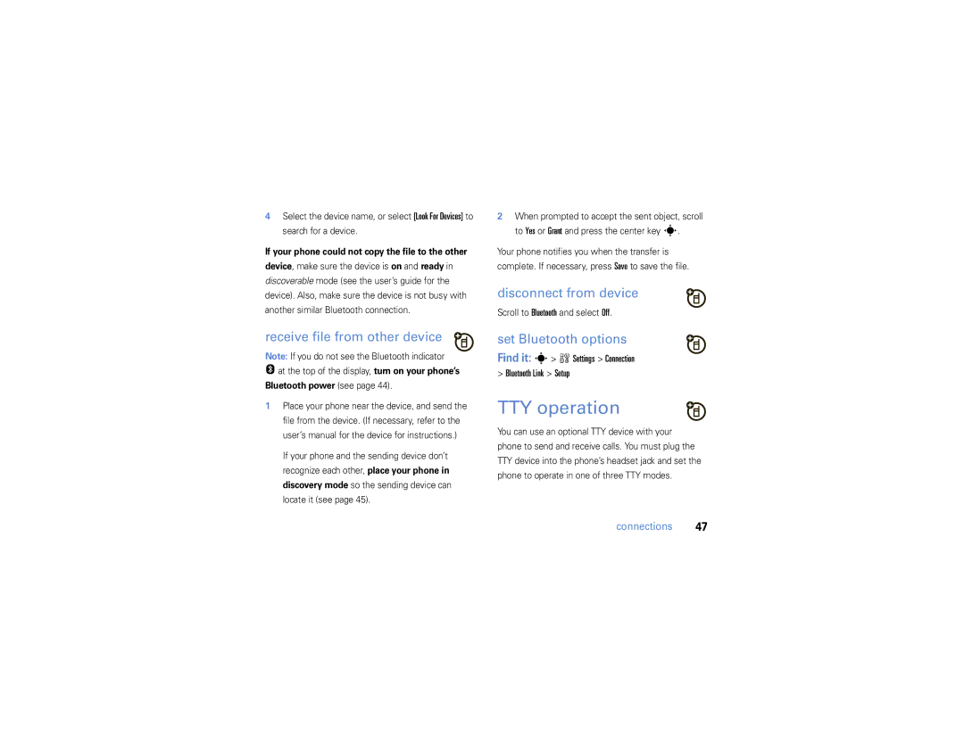 Motorola W385 manual TTY operation, Receive file from other device, Disconnect from device, Set Bluetooth options 