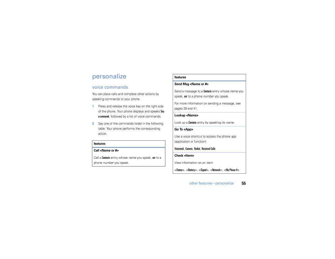 Motorola W385 manual Personalize, Voice commands, Voicemail, Camera, Redial, Received Calls, Other features-personalize 