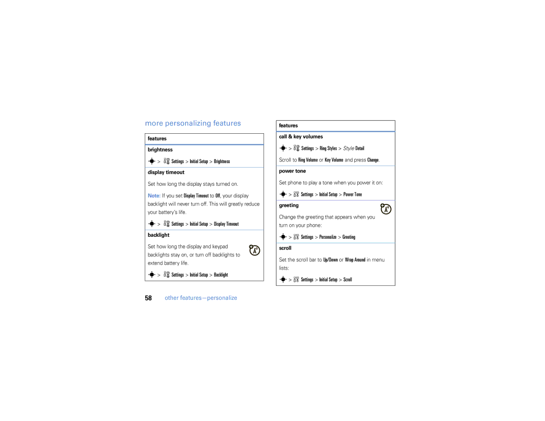 Motorola W385 manual More personalizing features 