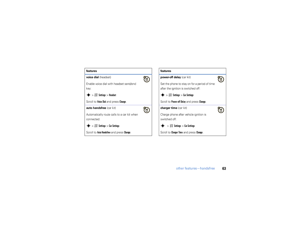 Motorola W385 manual WSettings Headset, WSettings Car Settings 