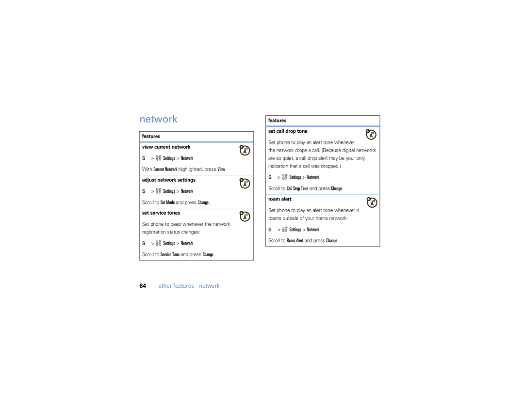 Motorola W385 manual Settings Network, Other features-network 