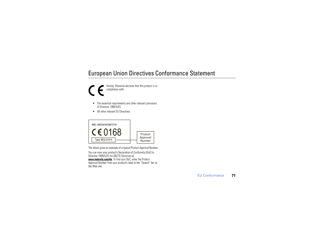 Motorola W385 manual European Union Directives Conformance Statement, EU Conformance 