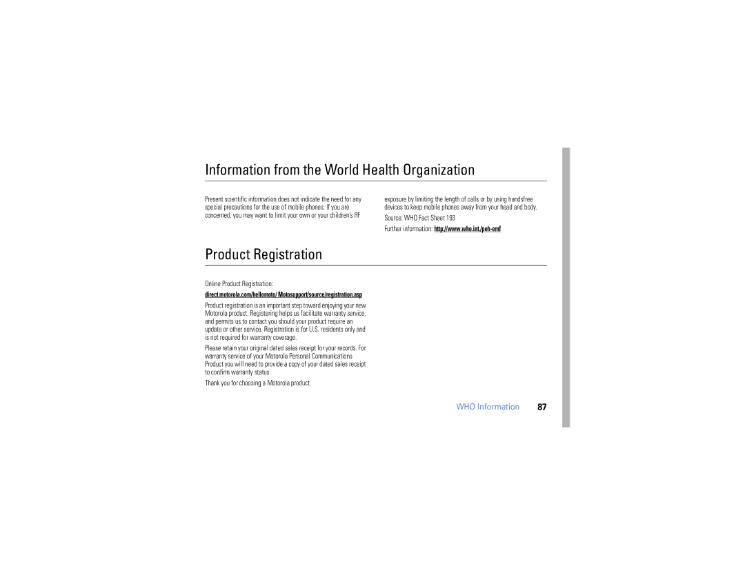 Motorola W385 manual Information from the World Health Organization, Product Registration, WHO Information 