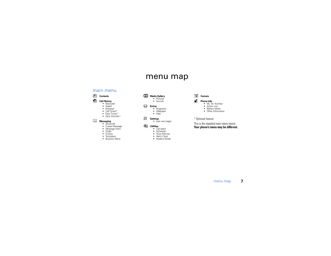 Motorola W385 manual Menu map, Main menu, Optional feature This is the standard main menu layout 