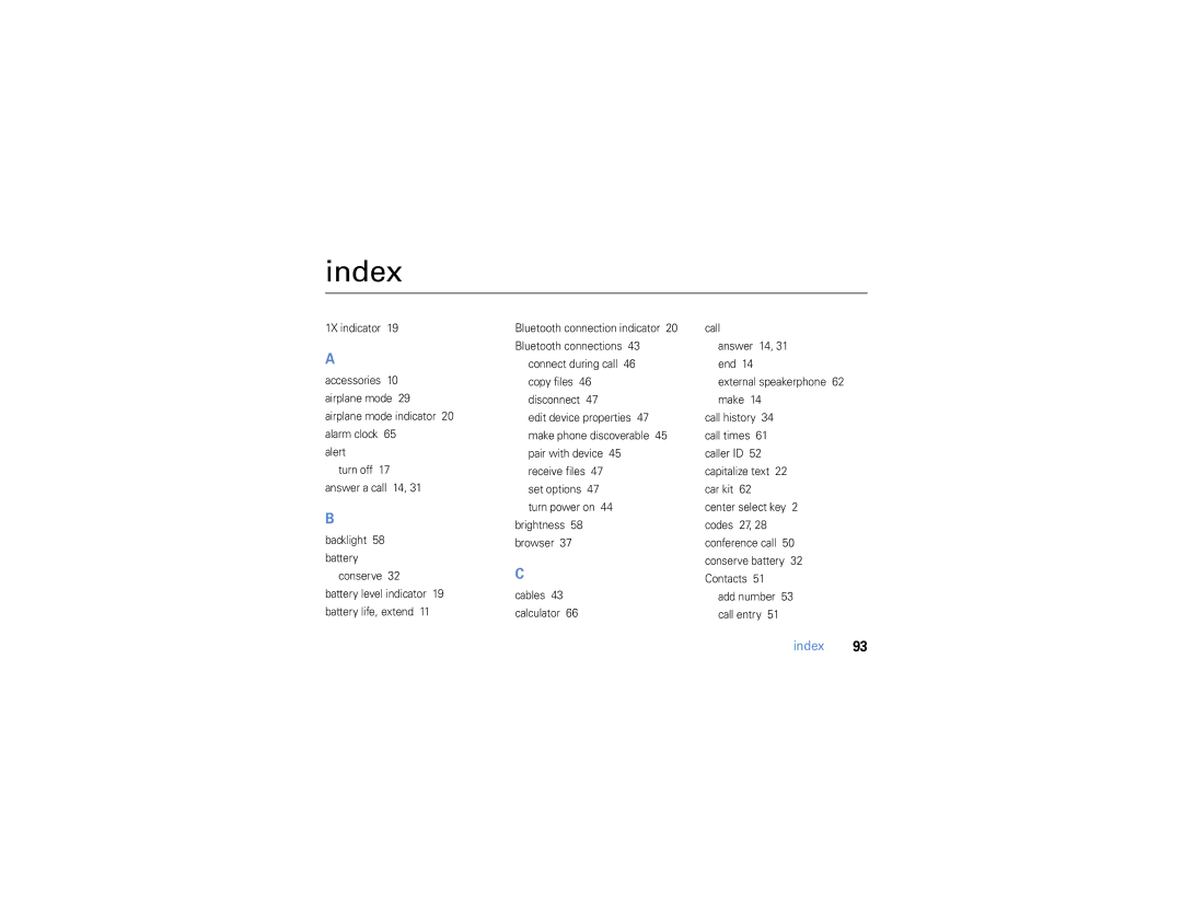 Motorola W385 manual Index 