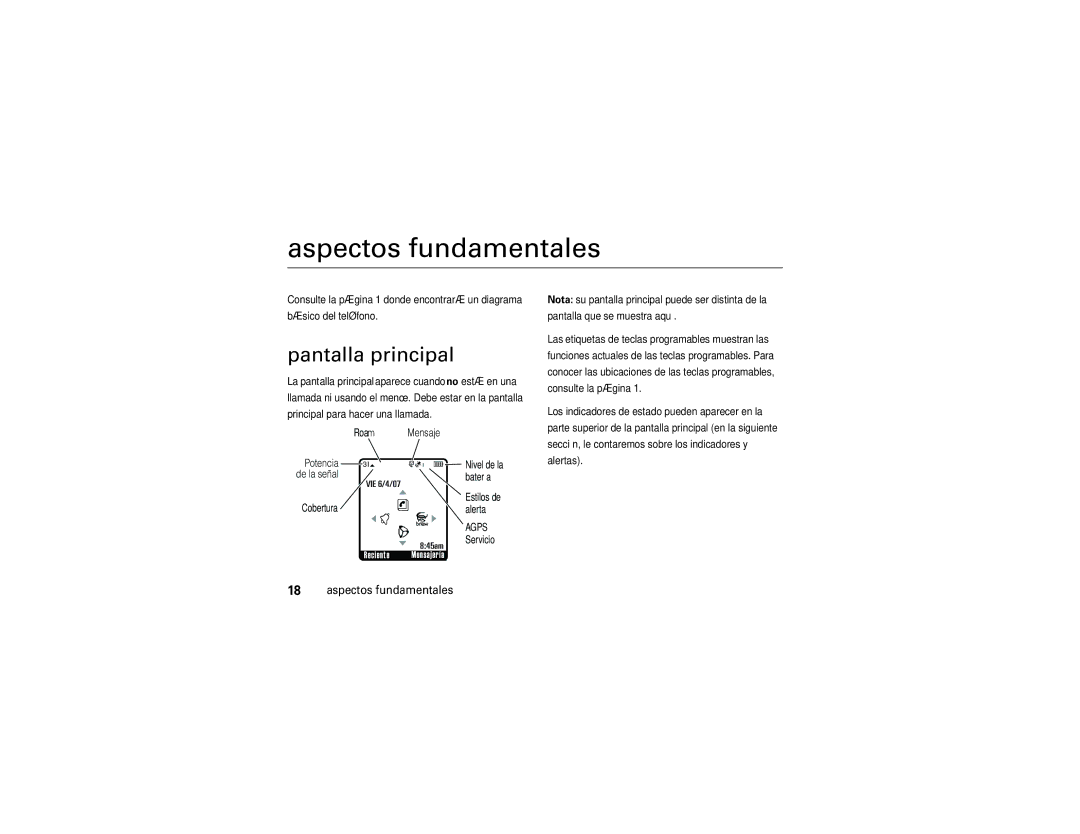 Motorola W385 manual Aspectos fundamentales, Pantalla principal 